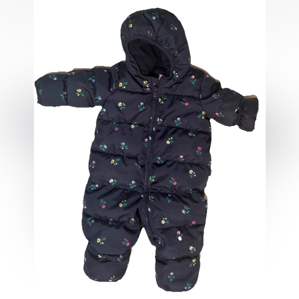 BABY GAP Snow Suit Puffer One Piece Snow Baby 0-6 Months Blue Floral Insulate